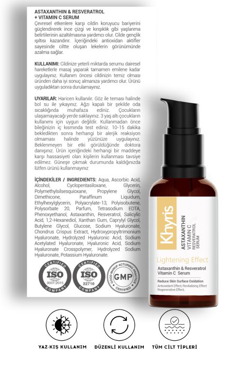 Khyris C Vitamini Cilt Serumu 30 ml – Aydınlatıcı & Ton Eşitleyici, Astaxanthin Ve Resveratrol Içerikli